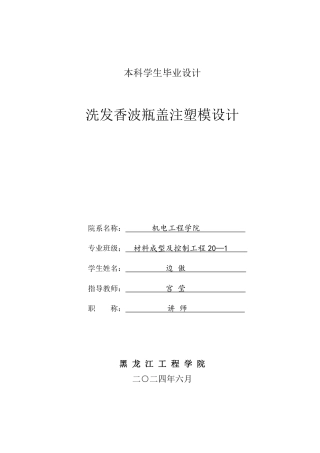 2024材料成型及控制毕设一套(论文+PDF图纸)洗发香波瓶盖注塑模设计.zip