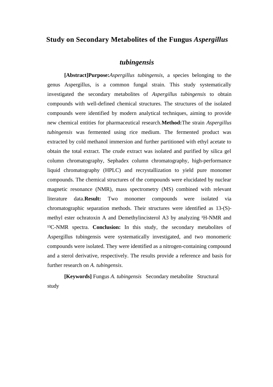26年WP药物分析 《海洋来源真菌Aspergillus tubingensis化学成分的分离与鉴定》19.76-AI14.61(14327字).docx_第3页