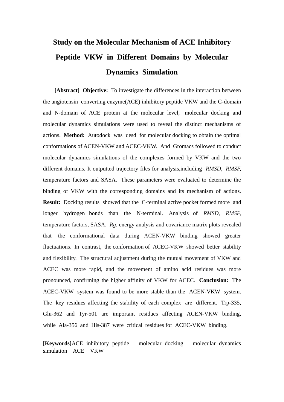 26年WP药物制剂 分子动力学模拟研究ACE抑制肽VKW在不同结构域的分子作用机制11.46-AI(16071字).docx_第3页