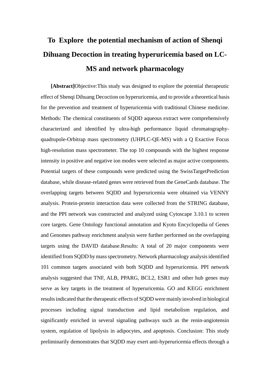 26年WP中药制药 基于LC-MS和网络药理学探究参芪地黄汤治疗高尿酸血症的潜在作用机制21.76-AI(11625字).docx_第3页