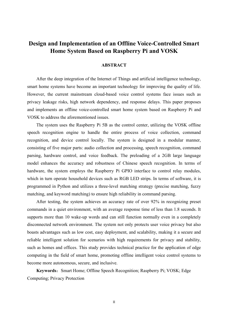 26年CH智能科学与技术 基于树莓派与VOSK的离线语音控制智能家居系统的设计与实现-终稿全日制-约18806字符.pdf_第2页