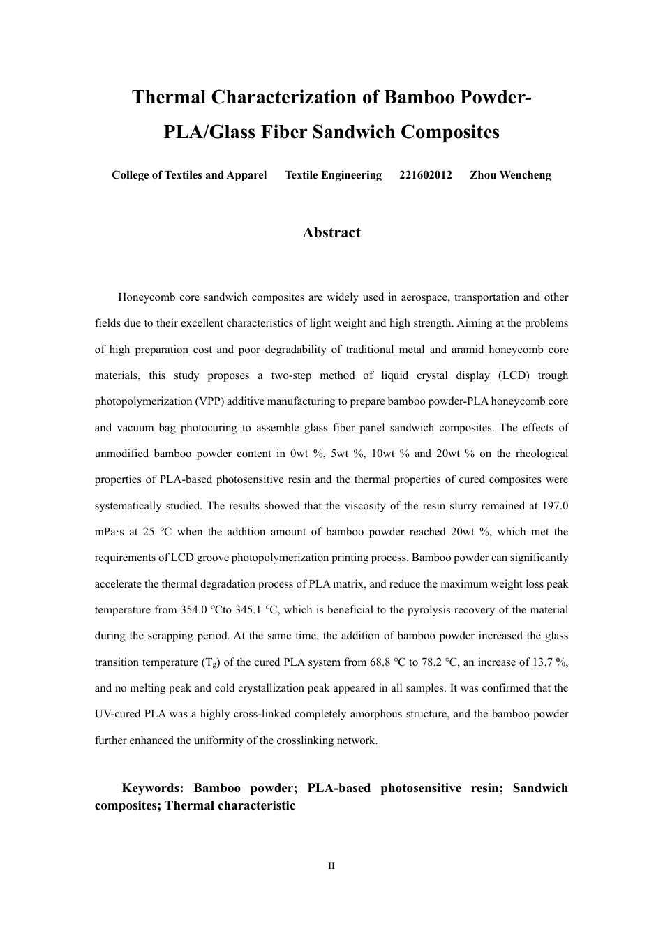26年CH纺织工程 竹粉-PLA_玻璃纤维夹层复合材料的热特性研究纺织与服装-终稿全日制-约14364字符.pdf_第2页