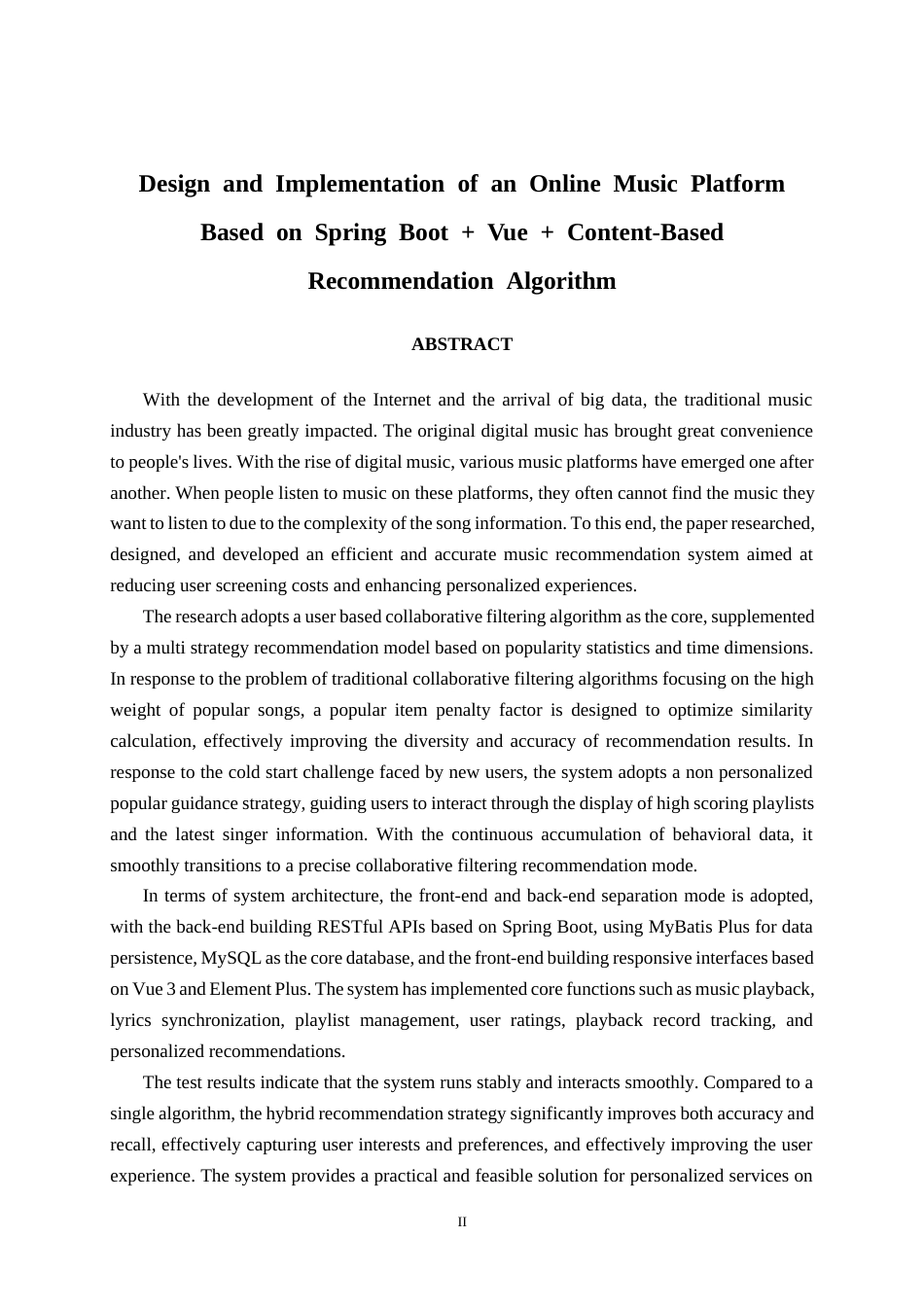 26年CH计算机科学 基于spring boot+vue+内容推荐算法的在线音乐平台的设计与实现终稿全日制(21199字).docx_第2页