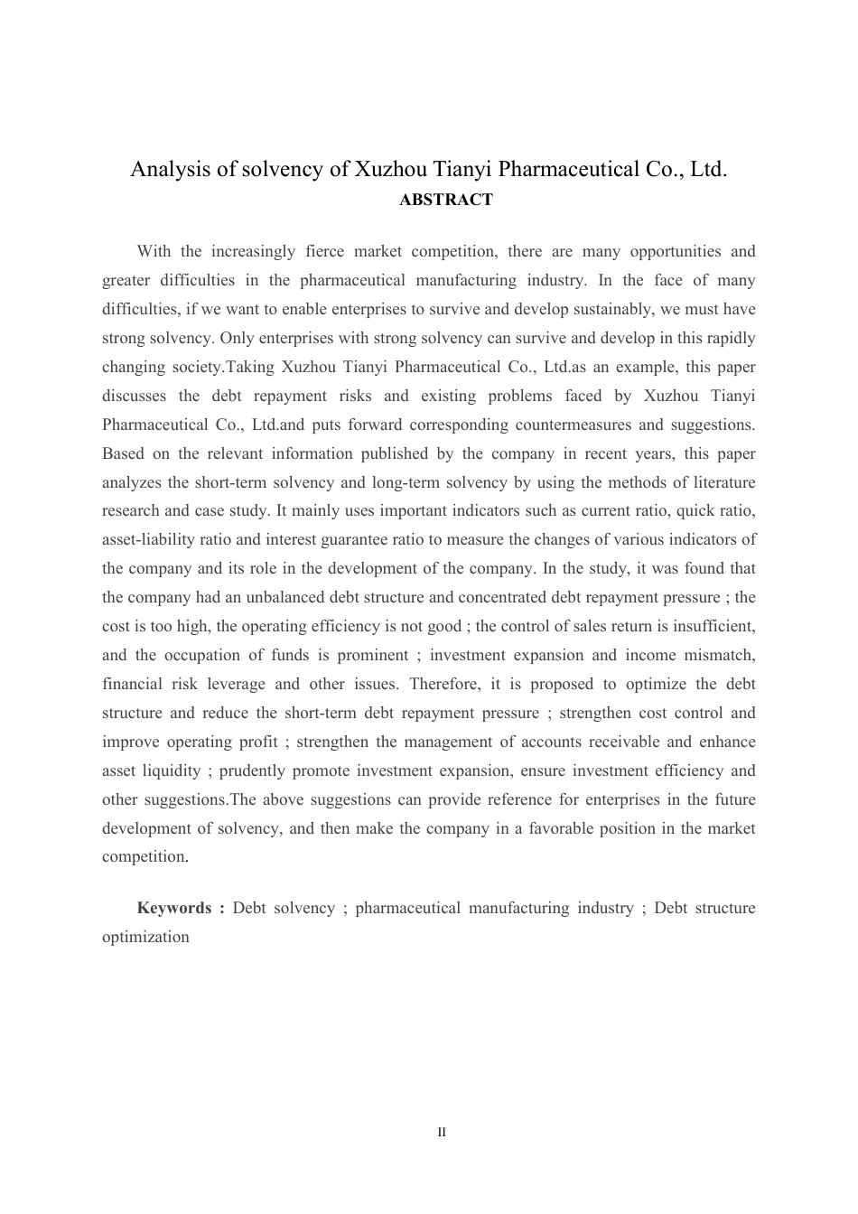 26年CH会计学 徐州天意药业股份有限公司偿债能力分析终稿全日制-约23138字符.pdf_第2页