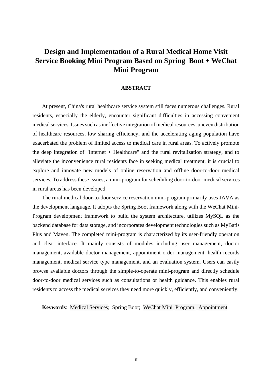 26年CH计算机科学 基于Spring Boot+微信小程序的乡村医疗上门服务预约小程序的设计与实现终稿全日制(15765字).docx_第2页