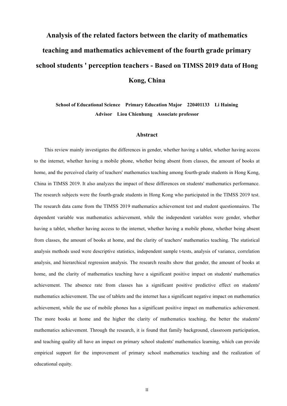 26年CH小学教育数学成绩的相关因素分析——基于TIMSS2019中国香港数据-终稿-约23381字符.pdf_第2页