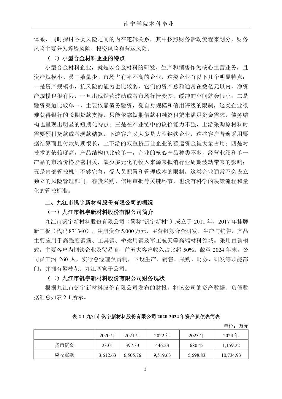 26年CH财务管理 小型合金材料生产企业存在的财务风险及成因分析——以九江市钒宇新材料股份有限公司为例终稿全日制-约18201字符.pdf_第5页
