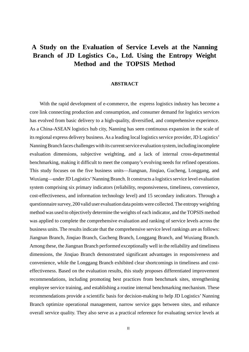 26年CH物流工程 基于熵权法和TOPSIS法的京东物流有限公司南宁分公司服务水平评价研究-终稿全日制(20822字).docx_第2页