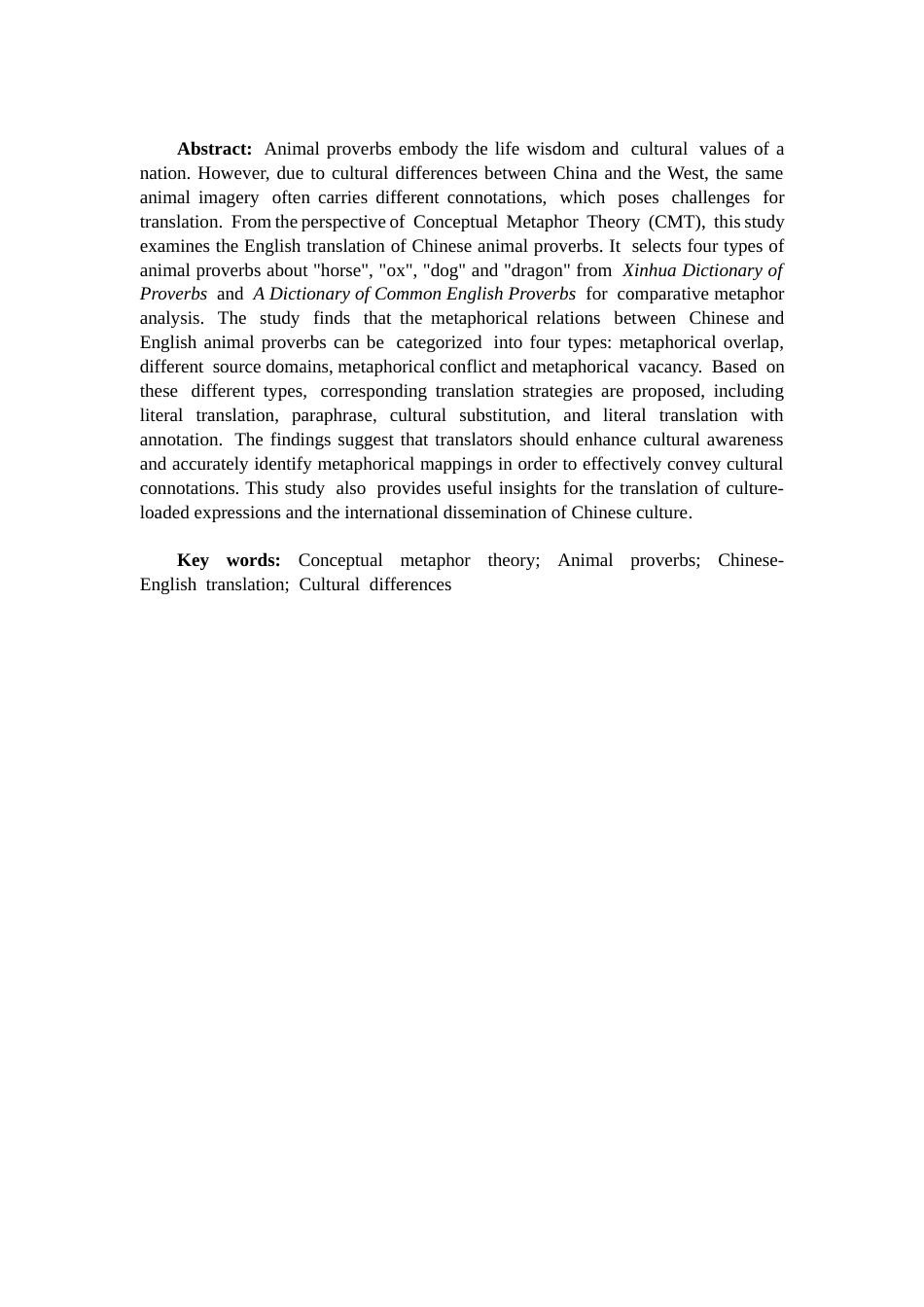 26年CH英语终稿全 关键词：概念隐喻理论；动物谚语；汉英翻译；文化差异(10089字).docx_第1页