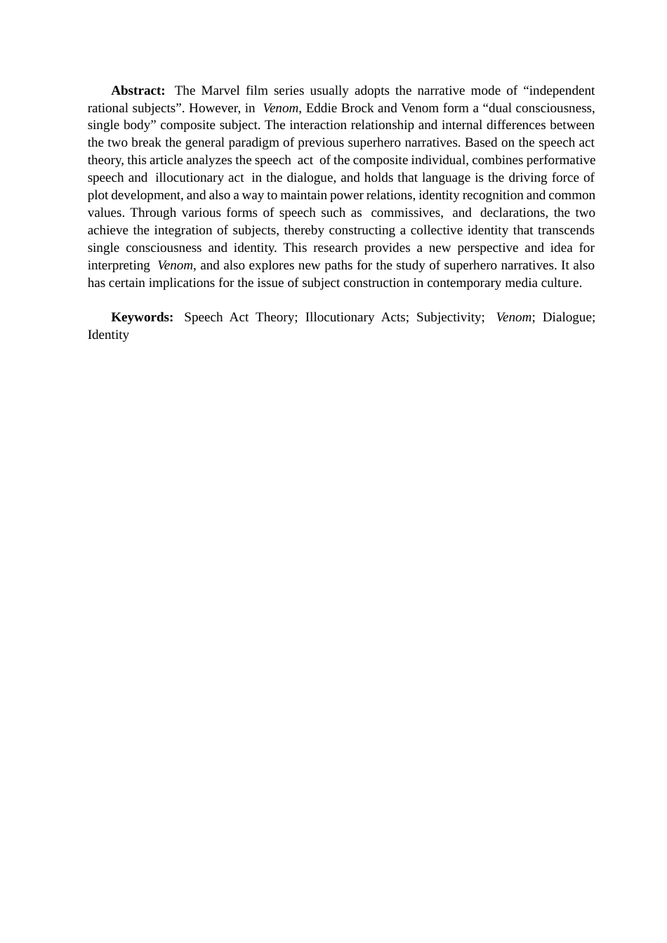 26年CH英语终稿全 关键词：言语行为理论；言外行为；主体性；《毒液》；对话；身份协商(9815字).docx_第2页