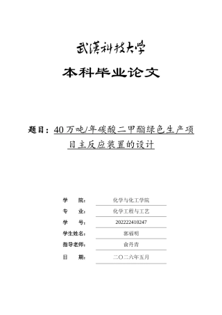 26年WP化学工程与工艺 40万吨年碳酸二甲酯绿色生产项目主反应装置的设计25.44-AI31.2全日(15406字).docx